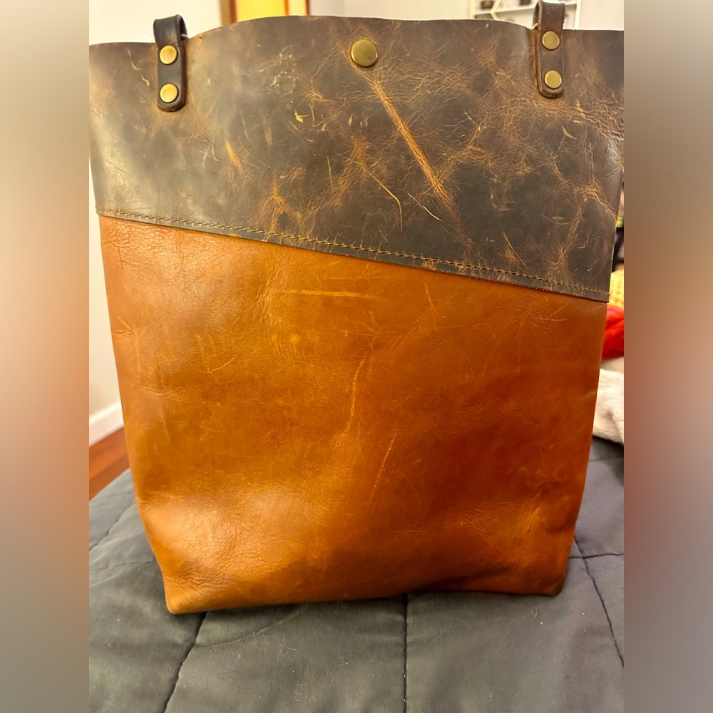 Handmade Leather Tote. In Blue brand. Asheville NC. Brown/Tan